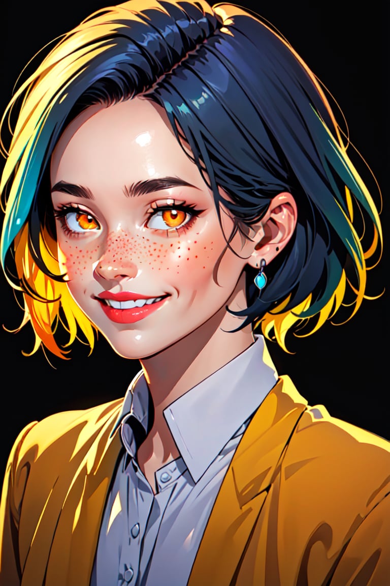 1girl, solo, looking at viewer, smile, short hair, simple background, shirt, long sleeves, jewelry, blue hair, white shirt, multicolored hair, parted lips, teeth, collared shirt, lips, orange eyes, glowing, ring, black background, portrait, freckles, realistic, nose, Flat, simple desing, flat character