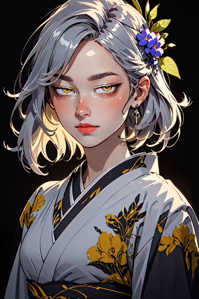 (((masterpiece))), (((best quality))), ((ultra-detailed)), (illustration), ((an extremely delicate and beautiful)), (detailed light), (bloom), looking at viewer,kimono,niji,yellow eyes,grey hair,steldef,
,Realism
