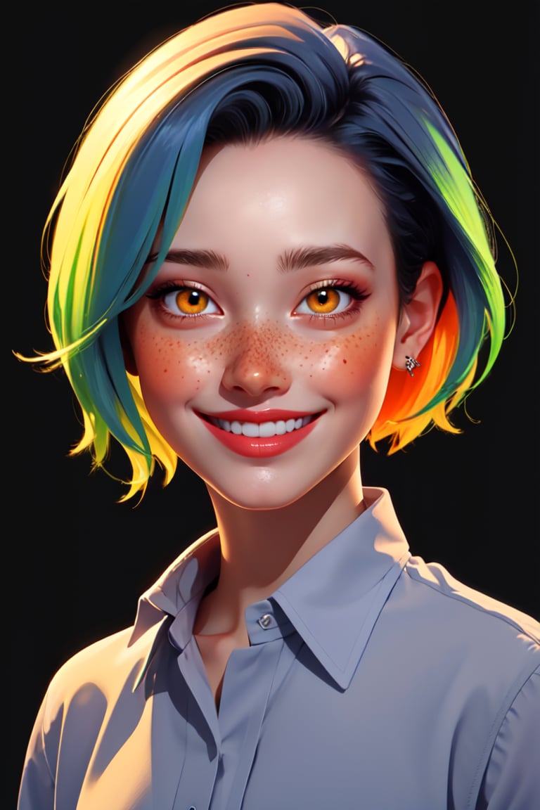 1girl, solo, looking at viewer, smile, short hair, simple background, shirt, long sleeves, jewelry, blue hair, white shirt, multicolored hair, parted lips, teeth, collared shirt, lips, orange eyes, glowing, ring, black background, portrait, freckles, realistic, nose,, simple desing