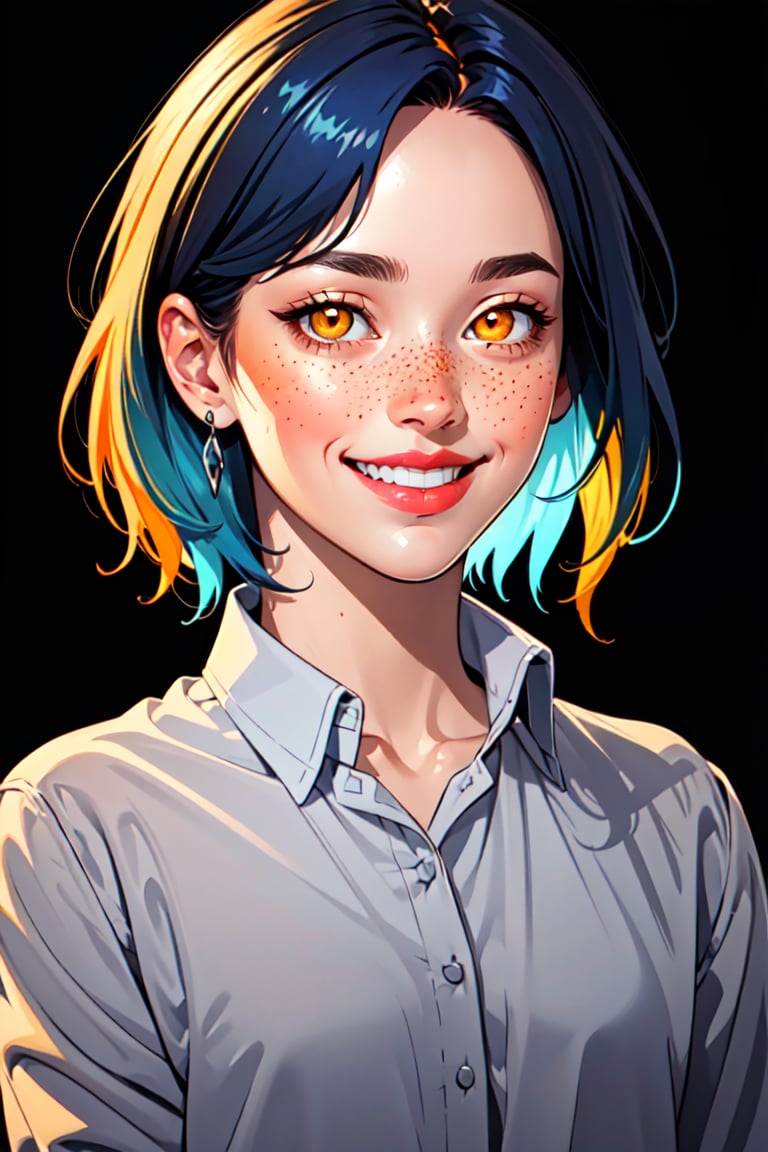 1girl, solo, looking at viewer, smile, short hair, simple background, shirt, long sleeves, jewelry, blue hair, white shirt, multicolored hair, parted lips, teeth, collared shirt, lips, orange eyes, glowing, ring, black background, portrait, freckles, realistic, nose, Flat, simple desing