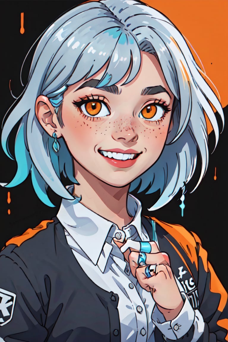 1girl, solo, looking at viewer, smile, short hair, simple background, shirt, long sleeves, jewelry, blue hair, white shirt, multicolored hair, parted lips, teeth, collared shirt, lips, orange eyes, glowing, ring, black background, portrait, freckles, realistic, nose,, simple desing,ANIME 