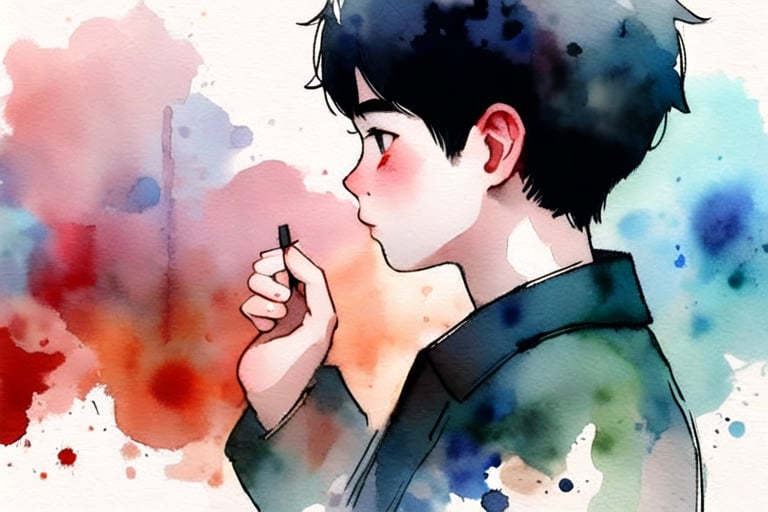 1boy,side view, focus on face,watercolor, smudge,YunQiuWaterColor