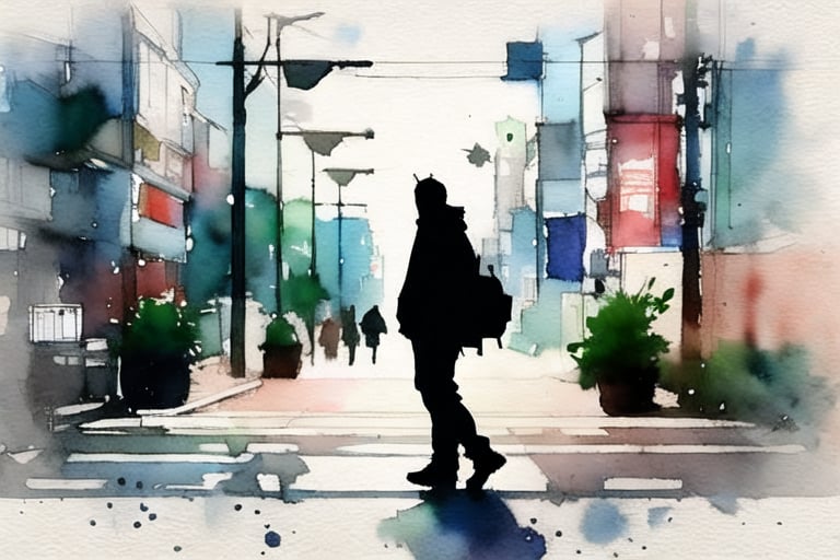 man walk on taipei city,side view, focus on face,watercolor, smudge,YunQiuWaterColor