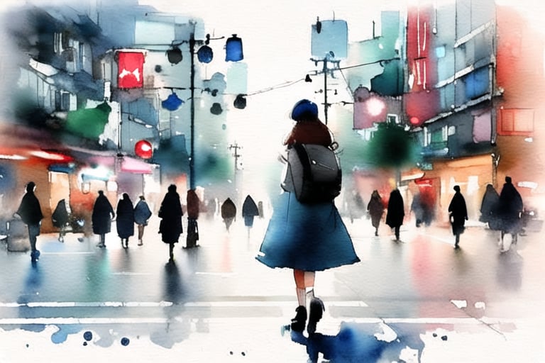 girl walk on taipei city,watercolor, smudge,YunQiuWaterColor