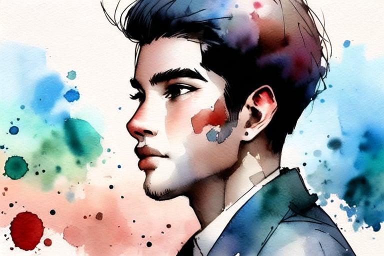 boy,side view, focus on face,watercolor, smudge,YunQiuWaterColor