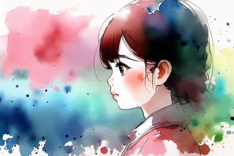5 years old girl,side view, focus on face,watercolor, smudge,YunQiuWaterColor