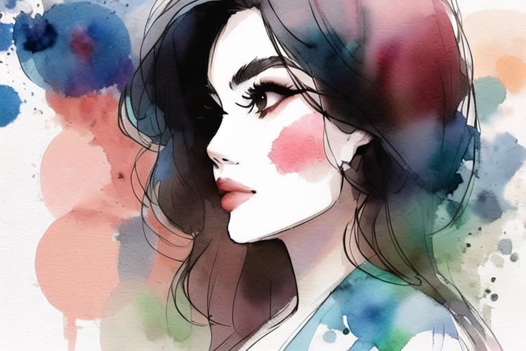 woman walk on taipei city,side view, focus on face,watercolor, smudge,YunQiuWaterColor