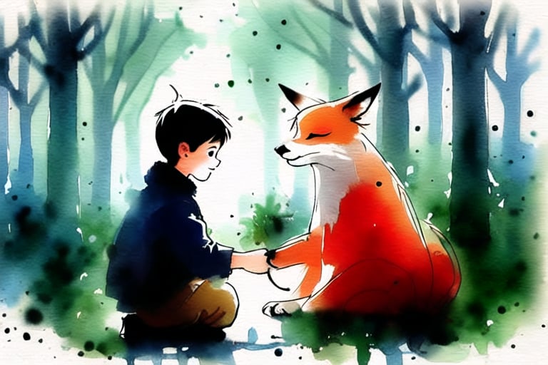forest.,boy and fox play together,watercolor, smudge,YunQiuWaterColor