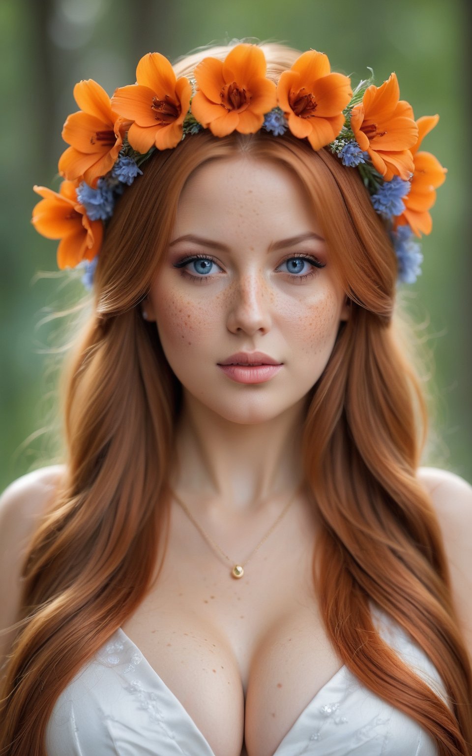 (best quality, 4k, 8k, highres, masterpiece:1.2), ultra-detailed, (realistic, photorealistic, photo-realistic:1.37),hyper realistic, 1girl,long hair,looking at viewer,realistic proportions,blue eyes,hair ornament,dress,very long hair,flower,red hair,parted lips,necklace,white dress,orange hair,lips,blurry background,freckles,realistic,head wreath,orange flower,realistic
