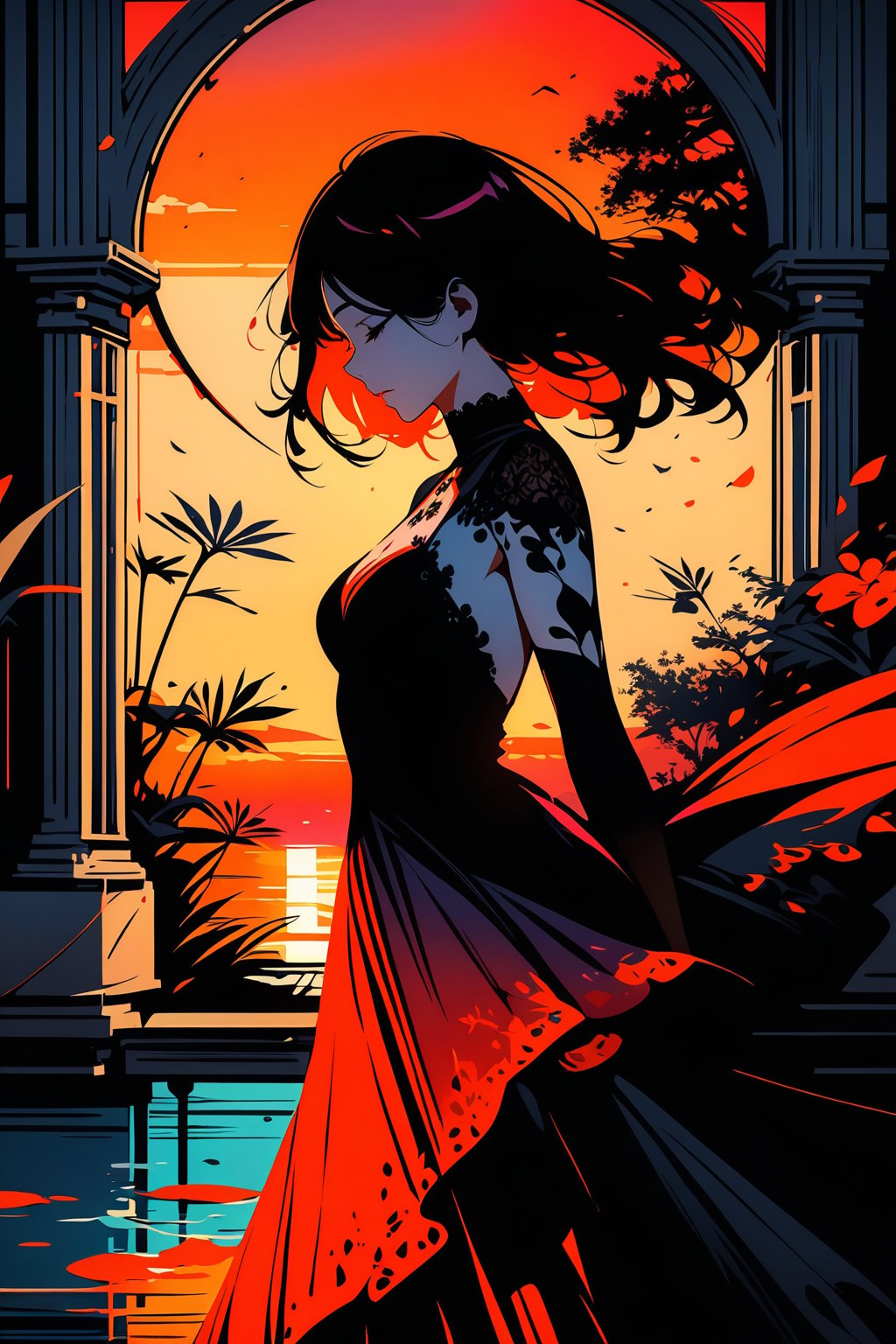Very beautiful and elegant girl in sunset, masterpiece, ink art. 
