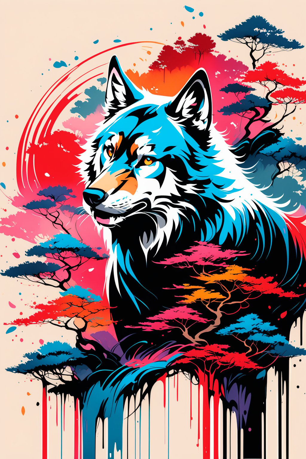 A very beautiful wolf in sumi-e art style, masterpiece, coloful, ink art. 