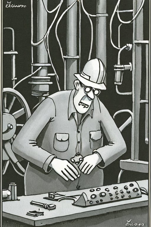 a black and white far side comic strip illustration of  a Engineer at work, by Gary Larson,