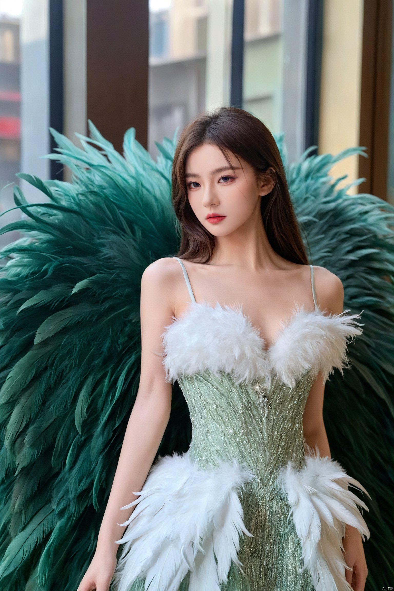  1girl,a gorgeous long dress made of feathers,green feather,huge feathers,complex background,beautiful background,(feathers everywhere:1.3),depth of field level, hubg_beauty_girl