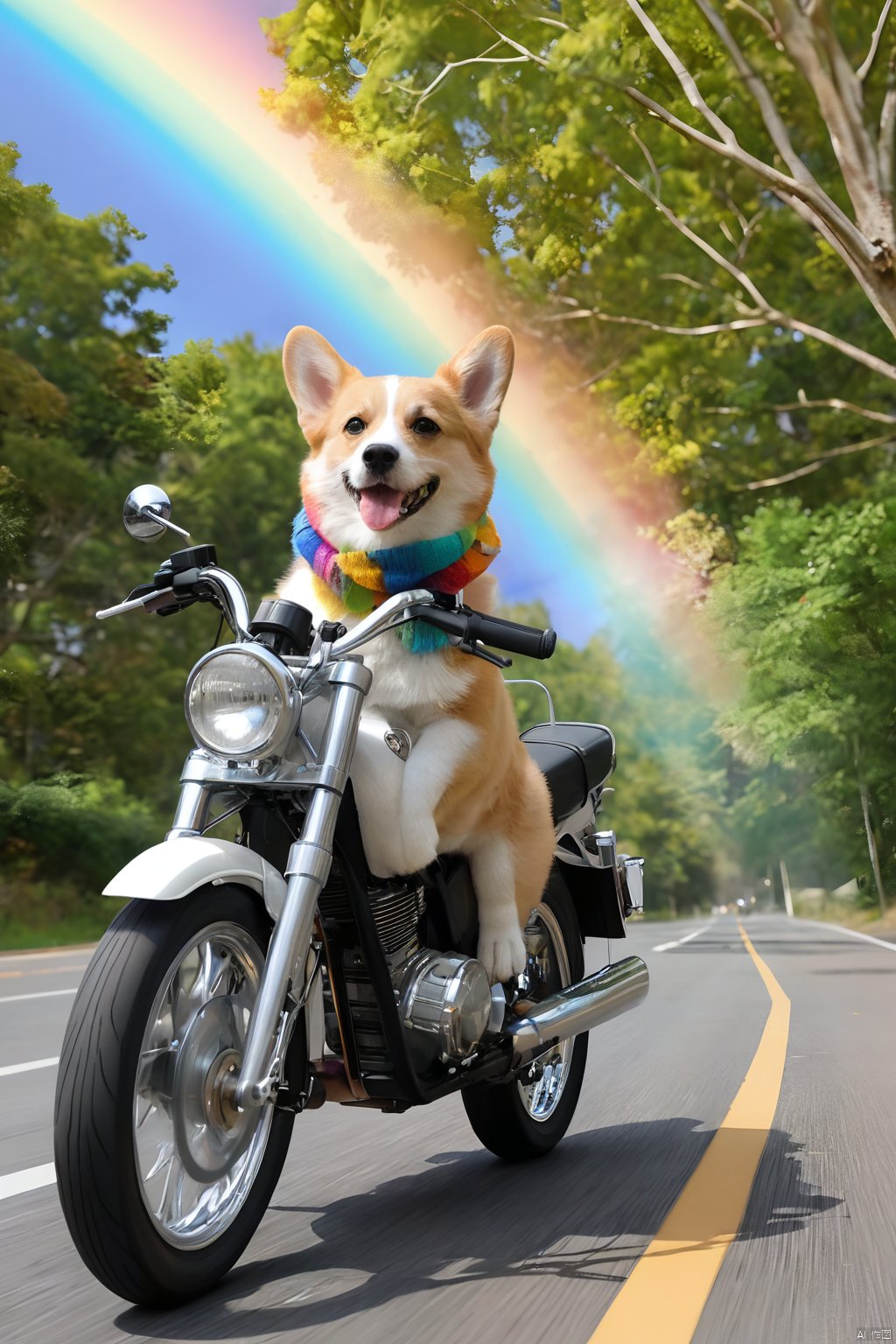  very beautiful,high quality,(a dog riding a motorcycle:1.1),corgi,dog,solo,(motor vehicle:1.2),riding,scarf,running on the rainbow,tree,extreme perspective,looking up at the camera,rainbow,furry,3d style,C4D,blender,kawaii,water spray,speed,bifrost,(masterpiece:1.2), best quality,PIXIV,humorous,beautiful colorful background,