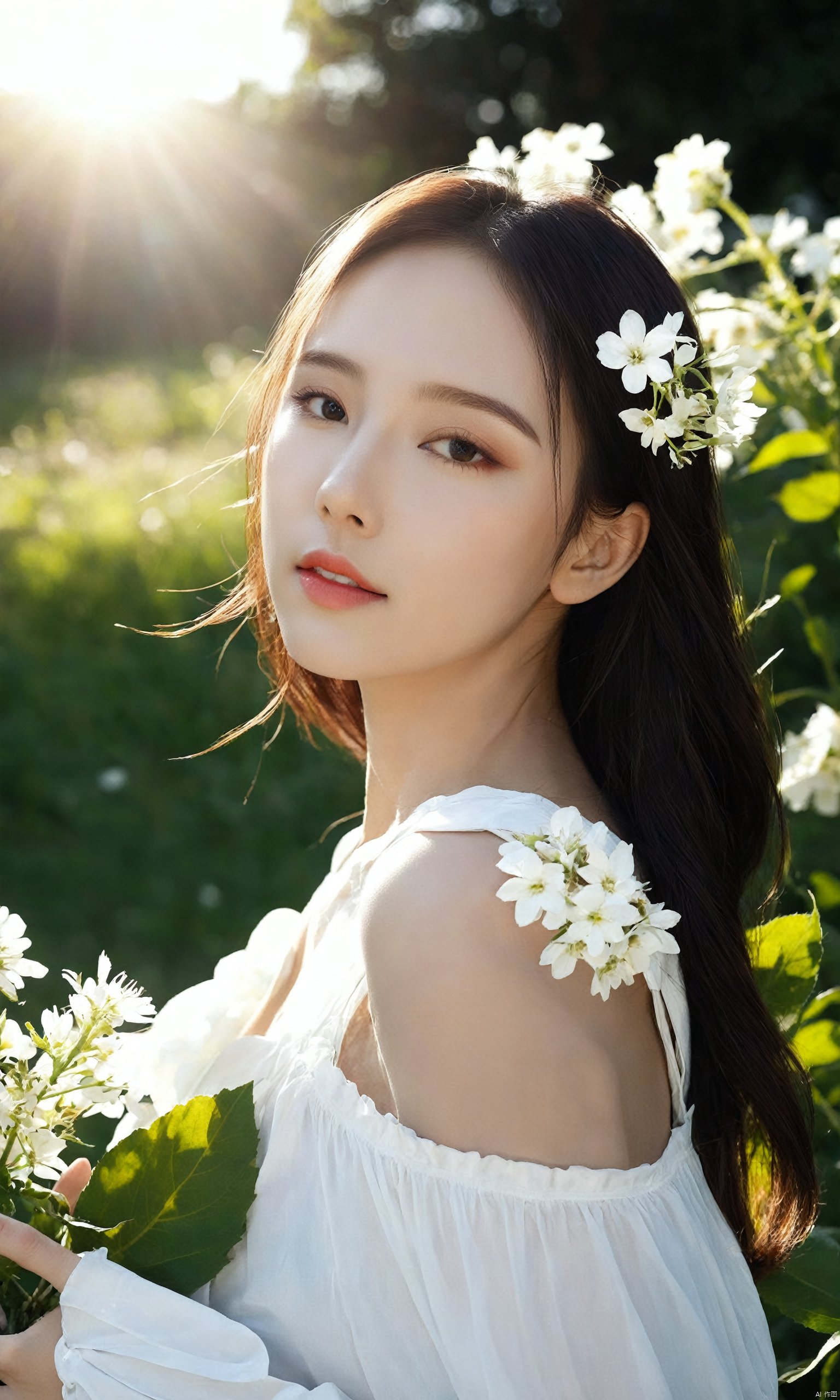  8K,raw, white flower, sunlight, hubg_beauty_girl