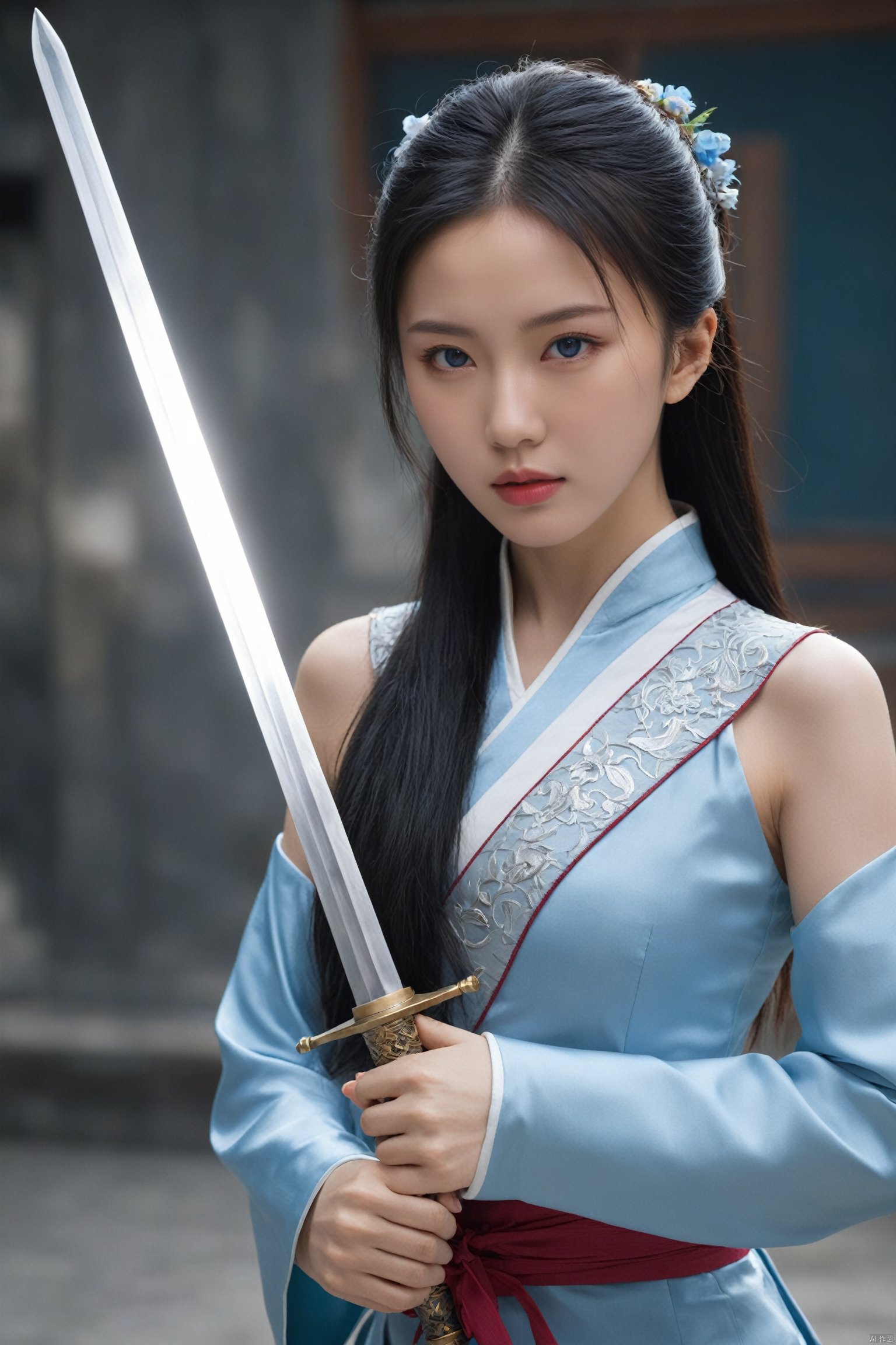  photorealistic,portrait of hubggirl, 
(ultra realistic,best quality),photorealistic,Extremely Realistic, in depth, cinematic light,

The girl wields a sword, dynamic transfer, sword fighting movements, jumps, lunges, freestanding, movements visible. The sword is long and delicate This woman is beautiful, Chinese. 17 years old, black hair. Long hair, traditional Chinese hairstyle. Full, pink lips. Long eyelashes, very bright blue eyes. The lens is wide-angle and you can see the details of the scene.,Chinese_armor,full_body,

perfect hands,perfect lighting, vibrant colors, intricate details, high detailed skin, pale skin, intricate background, realism,realistic,raw,analog,portrait,photorealistic, taken by Canon EOS,SIGMA Art Lens 35mm F1.4,ISO 200 Shutter Speed 2000,Vivid picture,hubggirl,hubg_mecha_girl