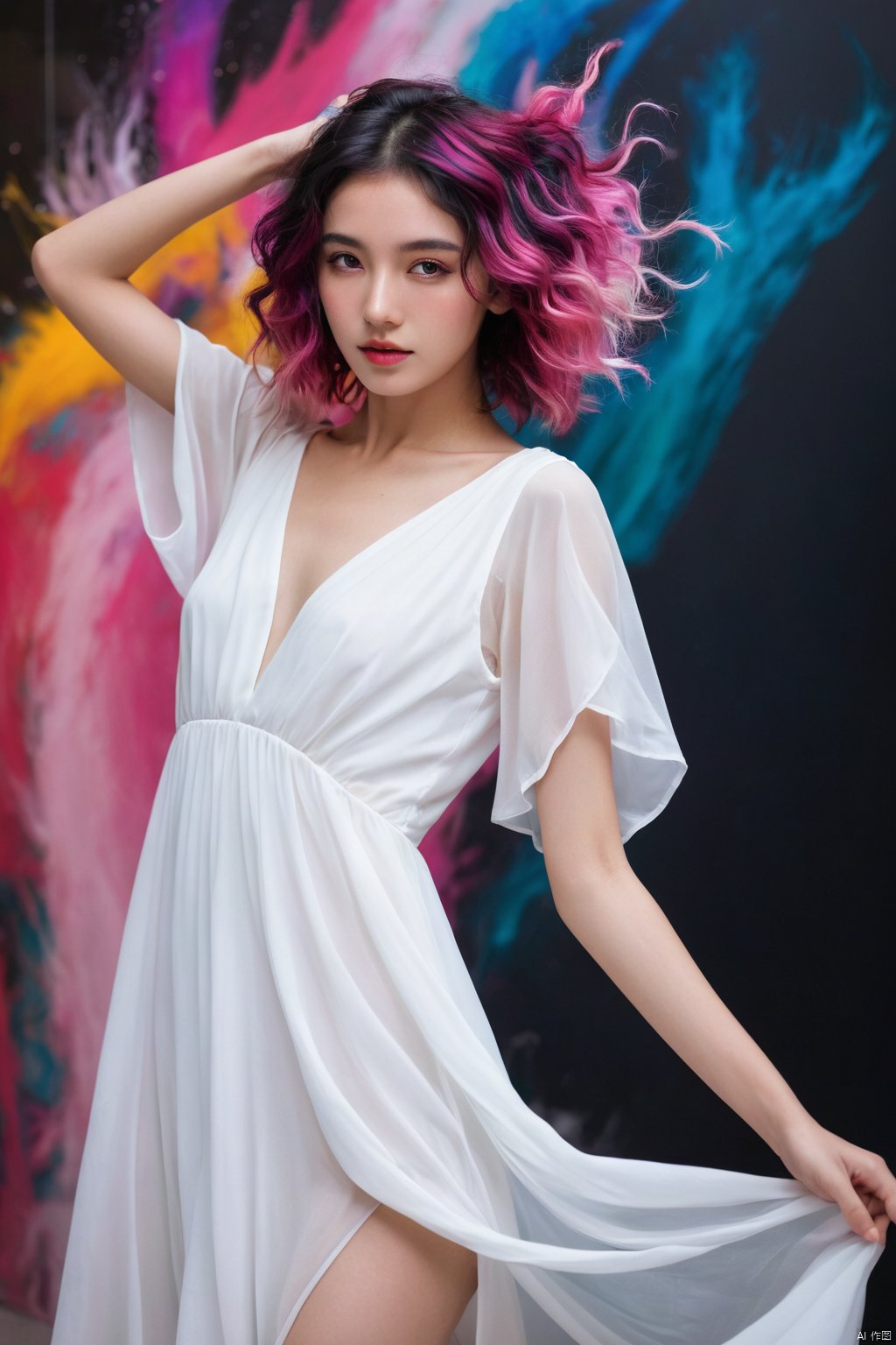 photorealistic,portrait of hubggirl, hubggirl, girl in a fluid and dynamic pose, wearing a loose, flowing white dress, mysterious expression, curly black and pink hair,hubg_jsnh, night, in a modern and abstract setting, with bold and colorful abstract art, blurred background, bright lighting, official art, uniform 8k wallpaper,(Feathers everywhere :1.3), depth of field level,