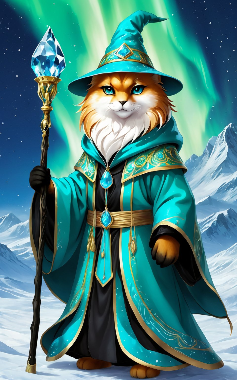 (best quality,8K,highres,masterpiece), ultra-detailed, (Suzaku in polar region with crystal teardrops, wizard robes, and turquoise hat), a petite and cute Suzaku walking alone in the polar region, with crystal teardrops hanging on its fur. The Suzaku is adorned in stylish black wizard robes and a gorgeous turquoise wizard's hat, the color contrasting with the dark, rainy surroundings. This evocative image, whether a painting or a stunning photograph, captures the raw emotion of the little creature's journey through the beautiful aurora. The detail is impeccable, from the intricate patterns on the clothes to the sad expressions on the faces, making this a truly captivating portrayal of solitude and beauty in the icy wilderness.