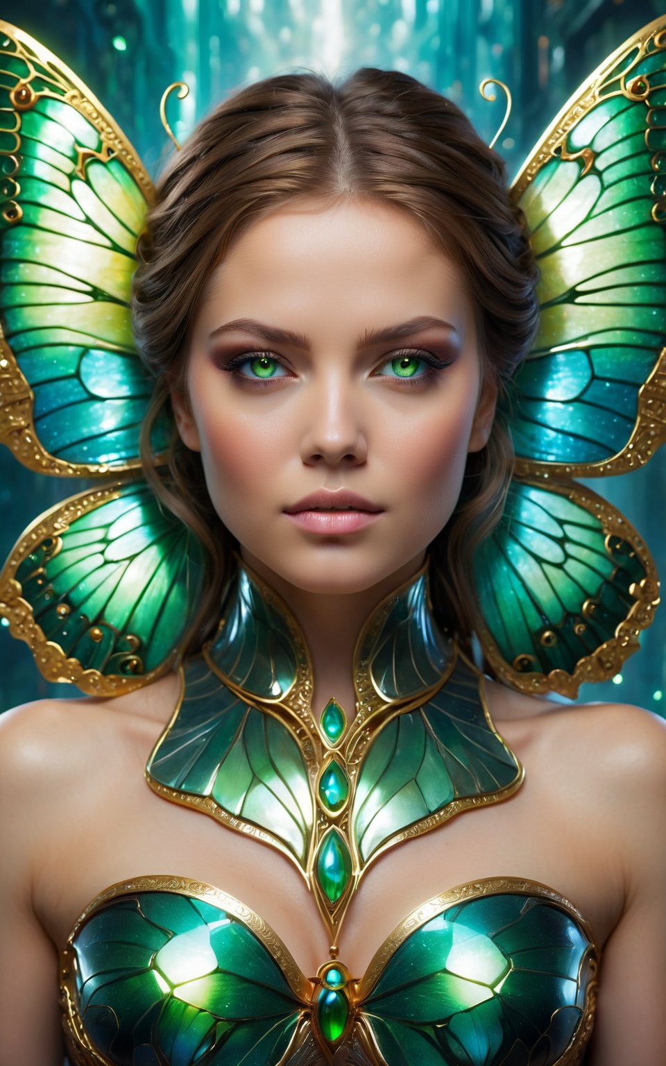 (best quality,8K,highres,masterpiece), ultra-detailed, (portrait of a stunning beauty woman, a beautiful cyborg with brown hair and sharp green eyes), an enchanting portrait capturing the beauty of a cyborg woman with striking brown hair and sharp green eyes. Her features are intricate and elegant, with every detail meticulously rendered to showcase her majestic presence. The portrait is captured through digital photography, allowing for the highest level of detail and realism. Adorning her cyborg form are delicate gold butterfly filigree accents, adding a touch of ethereal beauty to her appearance. Translucent fairy wings extend from her back, hinting at her otherworldly nature and grace. Surrounding her is a shattered glass motif, symbolizing both her fractured humanity and her resilience. This artwork captures the juxtaposition of beauty and technology, inviting the viewer to explore the depths of her character and identity. Feel free to add your own creative touches to enhance the realism and detail of this captivating portrait. 