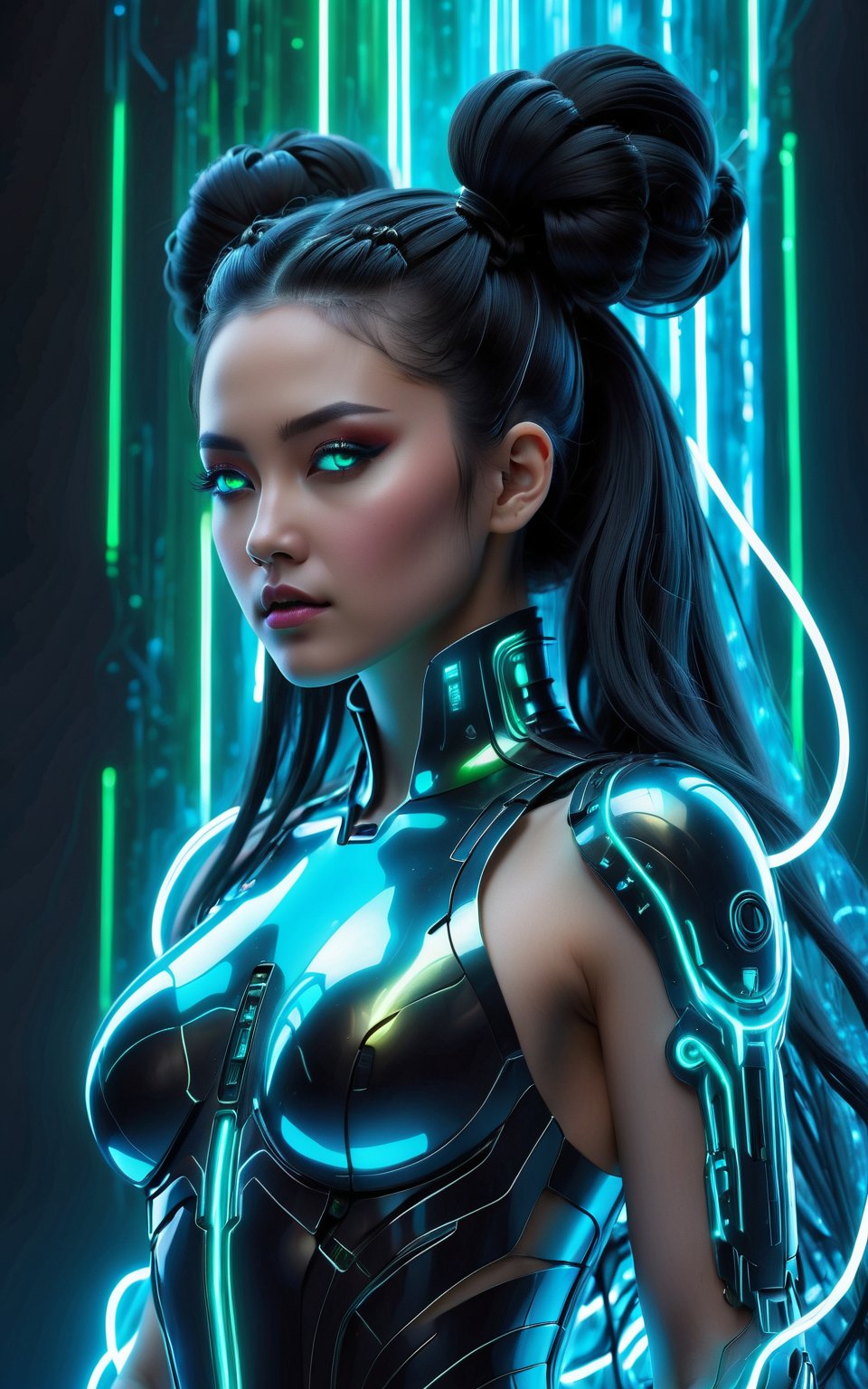 (best quality,8K,highres,masterpiece), ultra-detailed, (masterpiece, best quality, ultra-detailed:1.3), cyberpunk woman adorned with long black hair fashioned into space buns. In this ethereal scene, she embodies the role of the goddess of horticulture, surrounded by millions of microscopic, ultra-bright blue neon strings emanating from her form. composition showcases a stunningly beautiful backlit silhouette, intricately detailed and adorned with neon clouds, creating a mesmerizing and vivid blue color palette