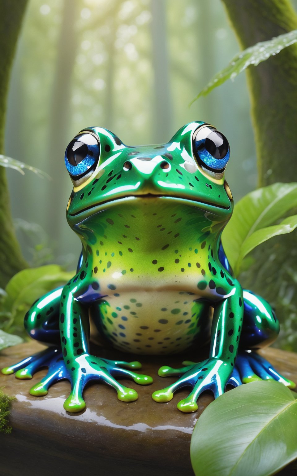 (best quality,8K,highres,masterpiece), ultra-detailed, (frog with dark green skin with glittering spots, marble-colored wings, and blue eyes), a magnificent frog with dark green skin adorned with glittering spots. It possesses two marble-colored wings that shimmer in the light, adding to its ethereal beauty. Its piercing blue eyes captivate the viewer, conveying intelligence and mystique. The background depicts a lush forest, with towering trees and dappled sunlight filtering through the canopy. The overall composition is enchanting and serene, inviting viewers to explore the magical world of this extraordinary frog.