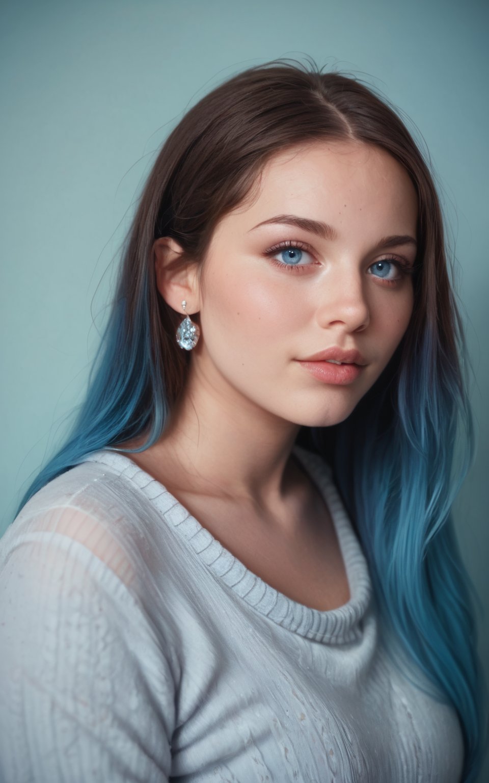 score_9, score_8_up, score_7_up, BREAK, source_real, raw, photo, photorealistic, photography,  score_9,score_8_up,score_7_up, 1girl,long hair,looking at viewer,bangs,blue eyes,jewelry,blue hair,upper body,multicolored hair,earrings,parted lips,sweater,lips,gradient hair,blue background,blue sweater
