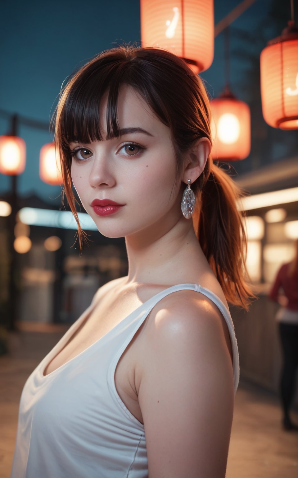 score_9, score_8_up, score_7_up, BREAK, source_real, raw, photo, photorealistic, photography,score_9,score_8_up,score_7_up, 1girl,looking at viewer,short hair,bangs,multiple girls,shirt,black hair,brown eyes,jewelry,closed mouth,white shirt,ponytail,earrings,outdoors,solo focus,mole,from side,lips,mole under eye,night,depth of field,blurry background,lantern,red lips,paper lantern,vending machine,neon lights
