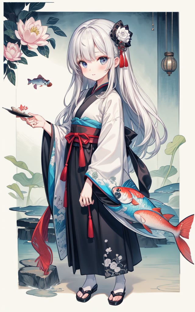 ((4k,masterpiece,best quality)),shuimobysim,traditional chinese ink painting,lotus,hanfu,maxiskit,dress conservatively 1 girl,solo,white hair,long hair,white,fish,many fish near girl,look at viewer,tease,
