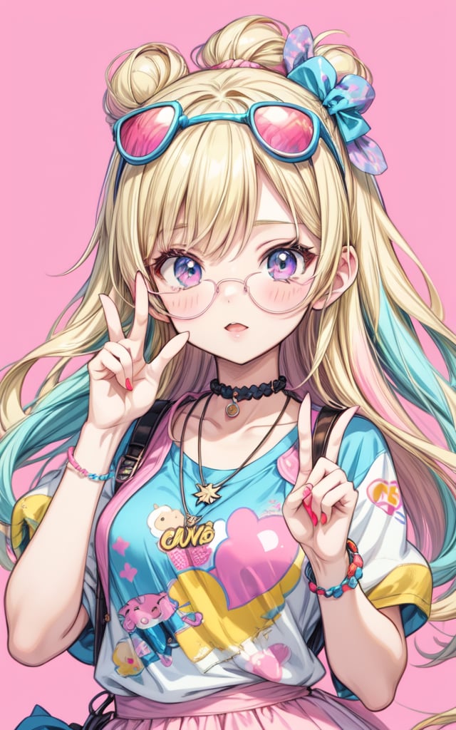 anime girl with sunglasses and a necklace making a peace sign, anime style illustration, decora inspired illustrations, anime vibes, beautiful anime art style, blonde anime girl with long hair, digital art on pixiv, anime graphic illustration, colorful illustration, cute art style, in the art style of 80 s anime, colorfull illustration, rossdraws pastel vibrant