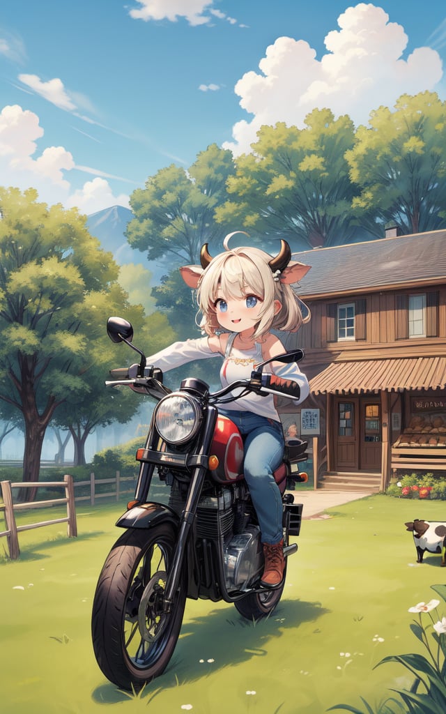 (Masterpiece), (Best Quality), Giant Milk Beverage, Fence, Mini Store, Grocery Store, Shop Sign, Detailed Illustrations, Grassland, Cut Passion Fruit, Fruit Factory, Juice, Detailed Character Design, Cute Cow, Cow Riding Motorcycle, Colorful Banners, Clouds, Grass From Background