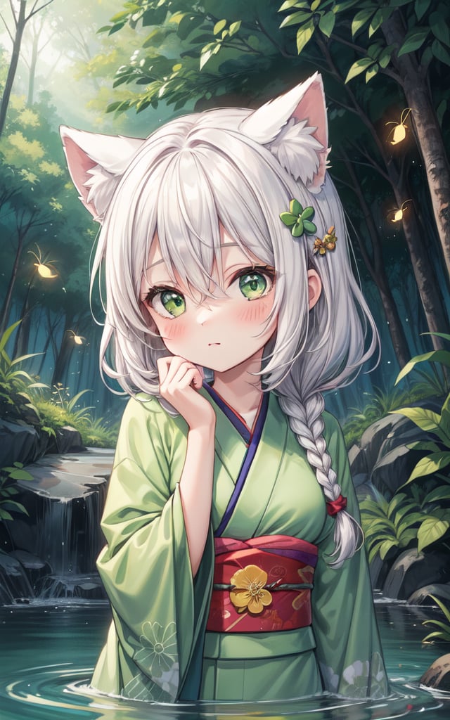 1girl,green eyes,chibi,animal ears,hair ornament,bangs,blush,hair between eyes,animal ear fluff,long hair,closed mouth,braid,nature,outdoors,upper body,hand on own chin,green kimono,water drop,plant,forest,day,hairclip,white hair,hand up,clover hair ornament,Fireflies,