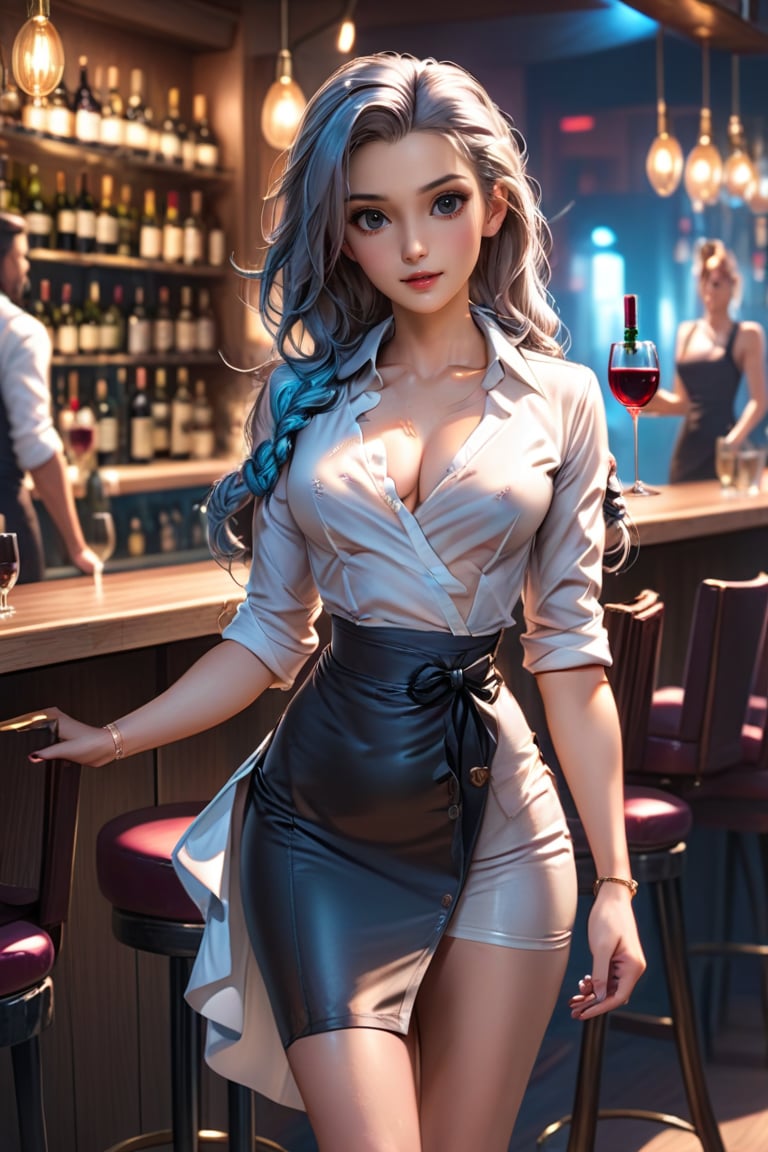 Jinxkaryln, (masterpiece), (cinematic), hyper realistic, a woman, body con dress, white shirt, wrap shirt, navel, small waist, high heels, full body, long wavy hair, waitress, on the wine bar, bar, chairs, she is standing, walking, elegant, beautiful