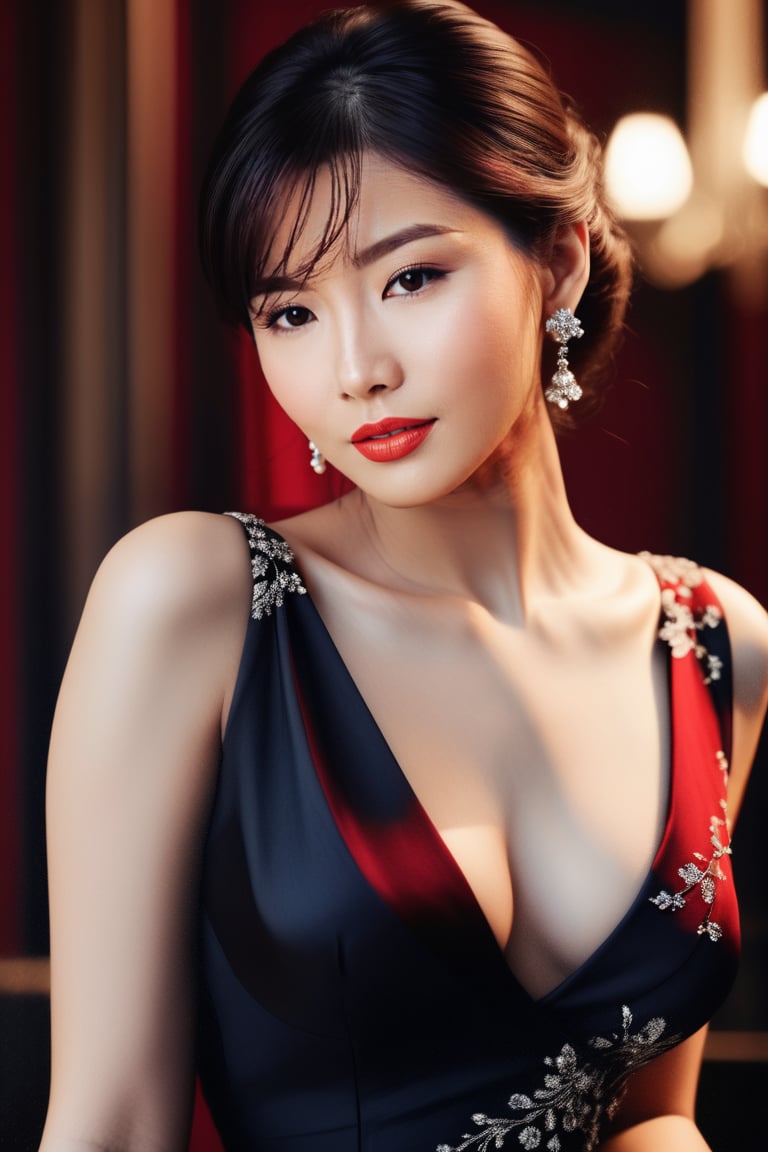 CG_v3, 26 years old lady, (best quality, 4k,8k, high resolution, masterpiece: 1.2), ultra detailed, black and white, elegant pose, feminine charm, (mysterious, attractive: 1.3) brown eyes and red lips, slim hourglass figure, elegant curves, captivating beauty, artistic expression, dramatic lighting, contrast, fine details, implied sensuality, twisted silhouette, elegance, mood, fluid lines, high contrast, fine art, monochrome, contemporary, sophisticated, innovative, silhouette, visual poetry, creative composition, stunning visual effect, Unique Masterpiece, close-up, looking_at_viewer