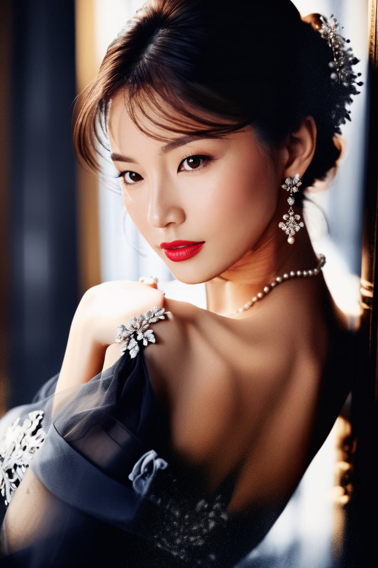 CG_v3, 26 years old lady, (best quality, 4k,8k, high resolution, masterpiece: 1.2), ultra detailed, black and white, elegant pose, feminine charm, (mysterious, attractive: 1.3) brown eyes and red lips, slim hourglass figure, elegant curves, captivating beauty, artistic expression, dramatic lighting, contrast, fine details, implied sensuality, twisted silhouette, elegance, mood, fluid lines, high contrast, fine art, (((monochrome))), contemporary, sophisticated, innovative, silhouette, visual poetry, creative composition, stunning visual effect, Unique Masterpiece, close-up, looking_at_viewer