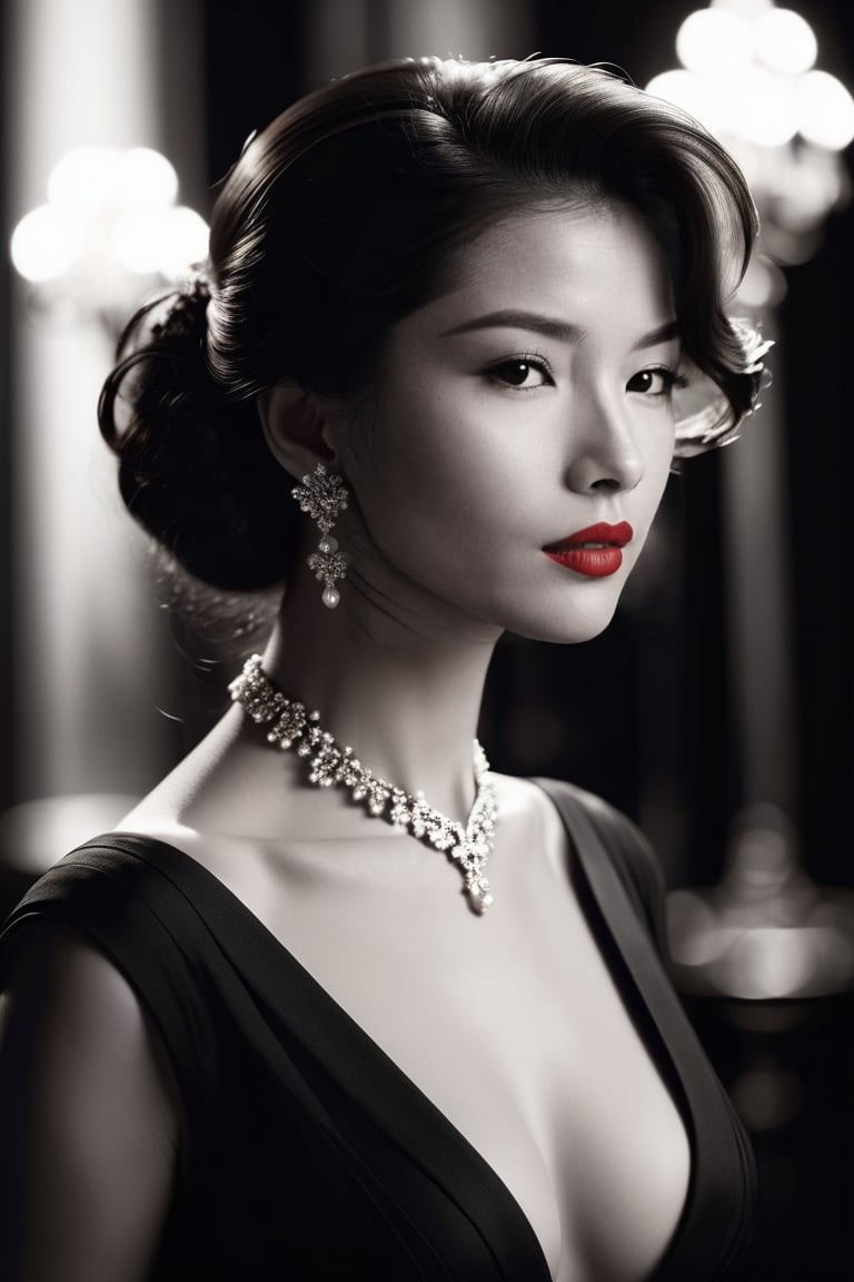 CG_v3, 26 years old lady, (best quality, 4k,8k, high resolution, masterpiece: 1.2), ultra detailed, ((black and white)), elegant pose, feminine charm, (mysterious, attractive: 1.3) brown eyes and red lips, slim hourglass figure, elegant curves, captivating beauty, artistic expression, dramatic lighting, contrast, fine details, implied sensuality, twisted silhouette, elegance, mood, fluid lines, high contrast, fine art, (((monochrome))), contemporary, sophisticated, innovative, silhouette, visual poetry, creative composition, stunning visual effect, Unique Masterpiece, close-up, looking_at_viewer
