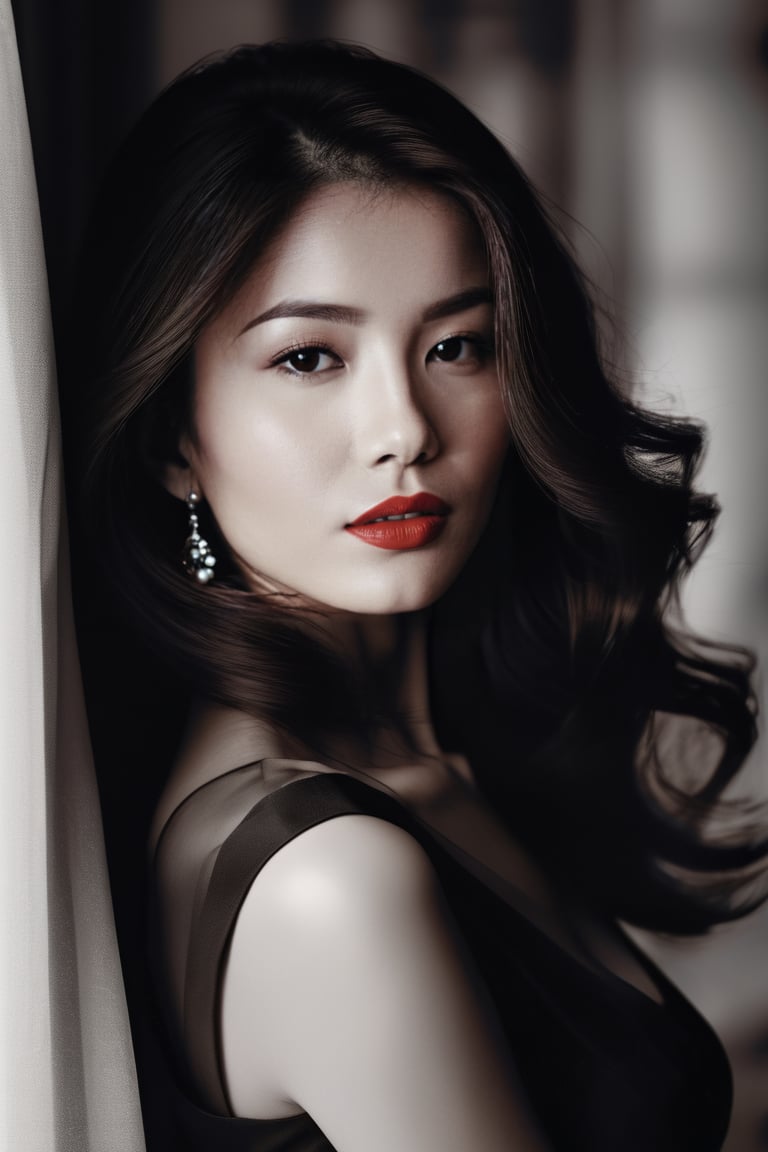 CG_v3, 26 years old lady, (best quality, 4k,8k, high resolution, masterpiece: 1.2), ultra detailed, ((black and white)), elegant pose, feminine charm, (mysterious, attractive: 1.3) brown eyes and red lips, slim hourglass figure, elegant curves, captivating beauty, artistic expression, dramatic lighting, contrast, fine details, implied sensuality, twisted silhouette, elegance, mood, fluid lines, high contrast, fine art, (((monochrome))), contemporary, sophisticated, innovative, silhouette, visual poetry, creative composition, stunning visual effect, Unique Masterpiece, close-up, looking_at_viewer, long hair