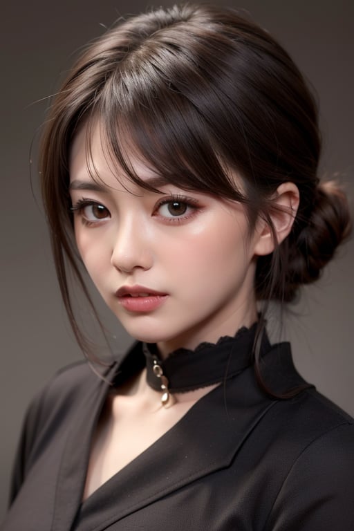 1girl
solo
brown hair
closed mouth
grey background
collar
lips
realistic ,beauty,yui,masterpiece,best quality,n1u8