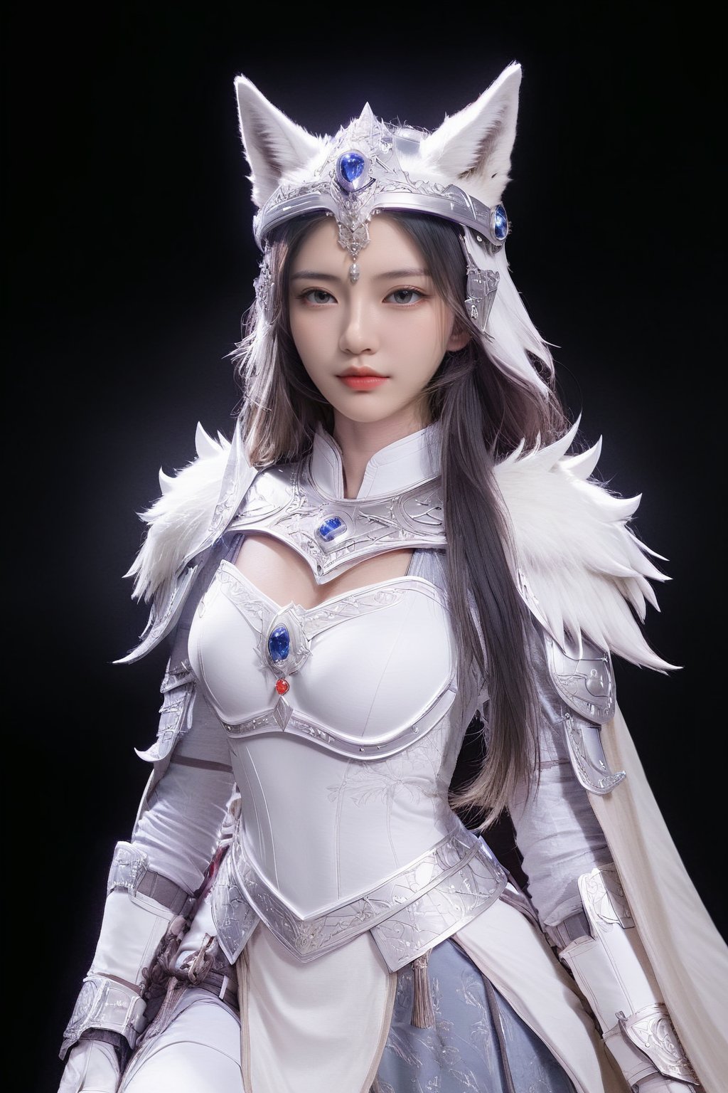 (ultra realistic,best quality),photorealistic,Extremely Realistic, in depth, cinematic light,hubggirl, beauty face,

HUBG_Mecha_Armor, official art, full body, (Extremely beautiful hubggirl, crown (headgear):1.5), Wolf_girl, Moon.solo, hanfu, Majestic. Solemn, white wolf's head at the shoulders, wolf's ears, (white medieval byzantine theme), cowboy shot, (alive skin),

intricate background, realism,realistic,raw,analog,portrait,photorealistic,