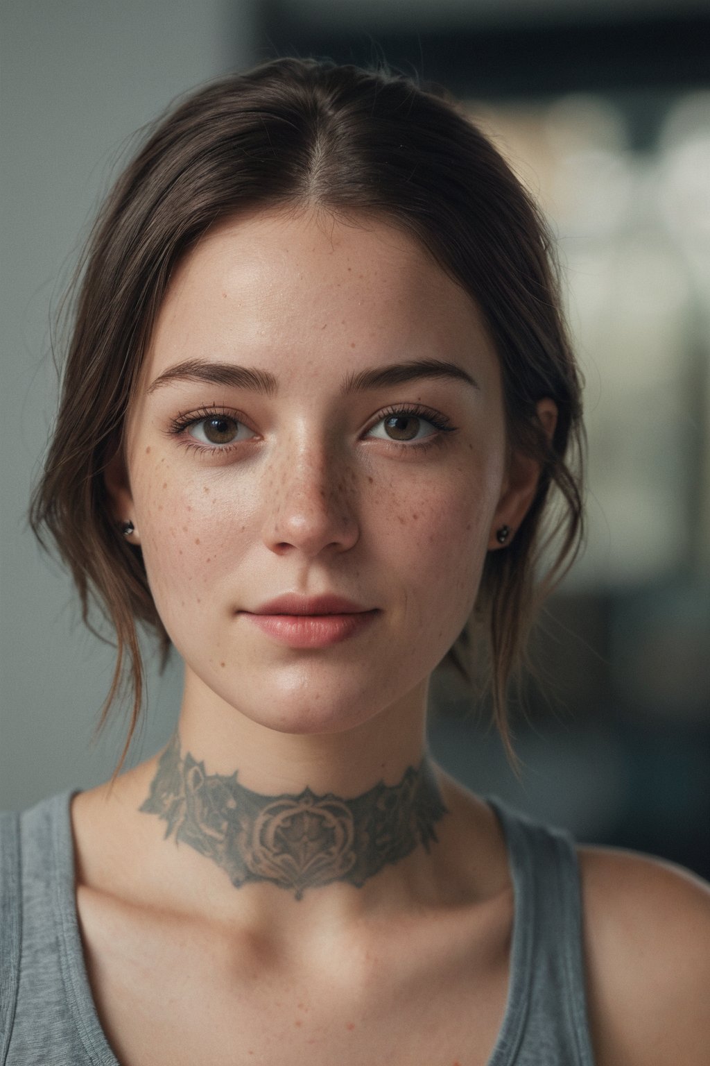 (ultra realistic,best quality),photorealistic,Extremely Realistic, in depth, cinematic light,hubgwomen,hubg_beauty_girl,

medium hair, detailed face, detailed nose, woman wearing tank top, freckles, choker, smirk, tattoo, 

intricate background, realism,realistic,raw,analog,portrait,photorealistic