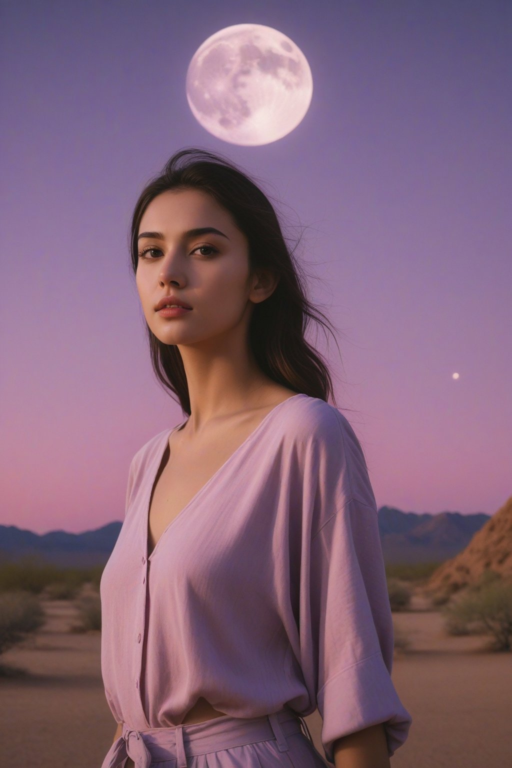 (ultra realistic,best quality),photorealistic,Extremely Realistic, in depth, cinematic light,hubggirl, desert_sky,1girl,full moon,scenery,desert,pink-purple sky,star, intricate background, realism,realistic,raw,analog,portrait,photorealistic,