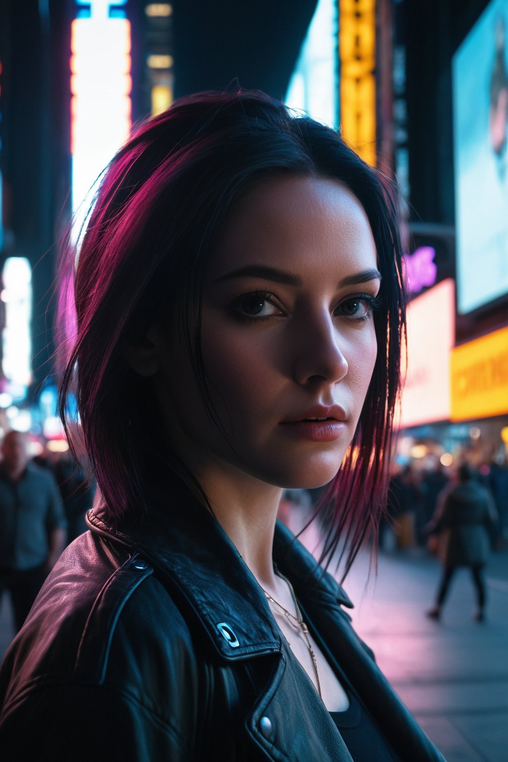 (ultra realistic,best quality),photorealistic,Extremely Realistic, in depth, cinematic light,hubgwomen,hubg_beauty_girl,

1 female detailed face time square detailed background cyberpunk shadow dramatic lighting by Bill Sienkiewicz,

intricate background, realism,realistic,raw,analog,portrait,photorealistic