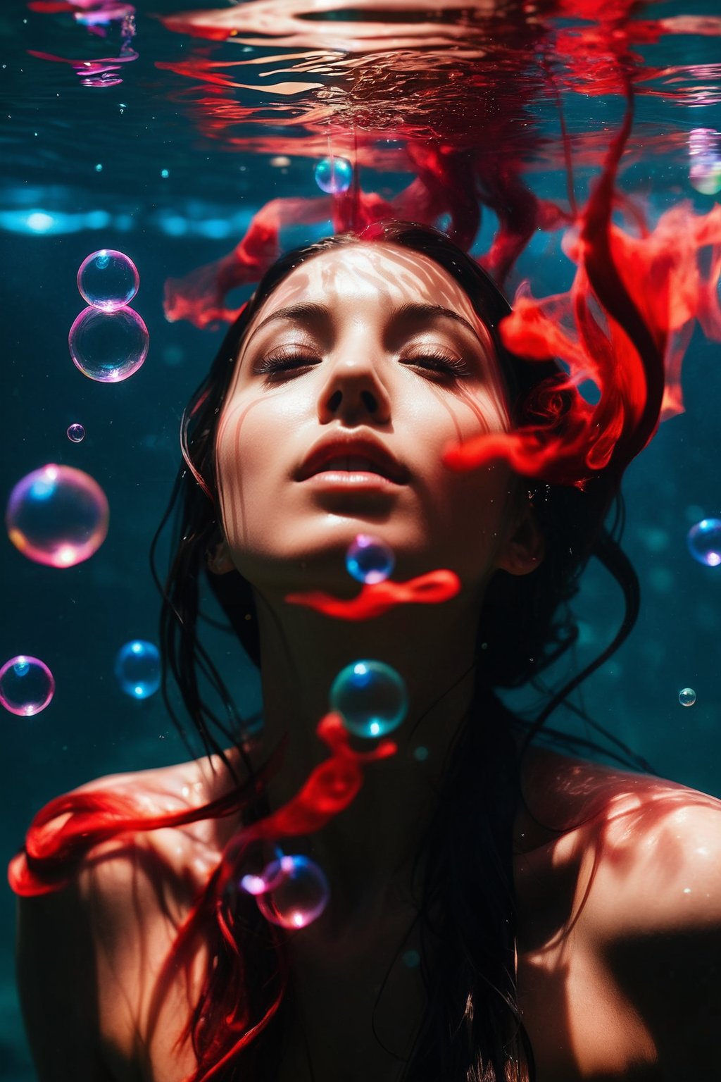 a portrait of a women submerged, with streams of red and black ink swirling around them, resembling billowing smoke underwater. The play of light creates a stark contrast, highlighting the serene expression on the face amidst the chaos of colors, with bubbles scattered across the view, suggesting a silent, slow-motion explosion. The light refracts through the water, adding depth and a dreamlike quality to the scene, focusing on the interplay between the inky tendrils and the illuminated bubbles., Precipitate girl, sexy pose