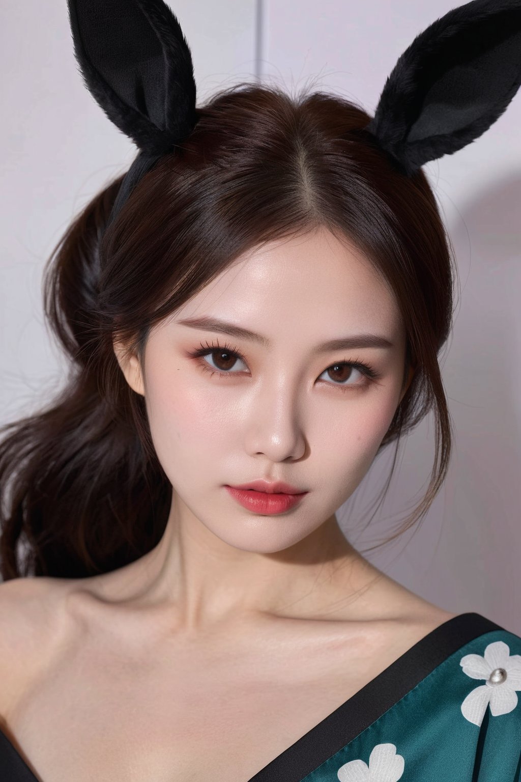 (ultra realistic,best quality),hubgwomen,masterpiece, 8k, hq, 1 girl,photorealistic,Extremely Realistic, in depth, cinematic light,hubggirl, red eyes, black hair, hair bun with accessories, traditional East Asian attire, rabbit ears headpiece, black and teal clothing, cloud pattern on garment, mystical, two black rabbits, one on shoulder and one in foreground, pale skin, blush on cheeks, serious expression, white background, portrait, upper body shot, artful composition, detailed line art, vibrant color contrast., ,HUBGGIRL