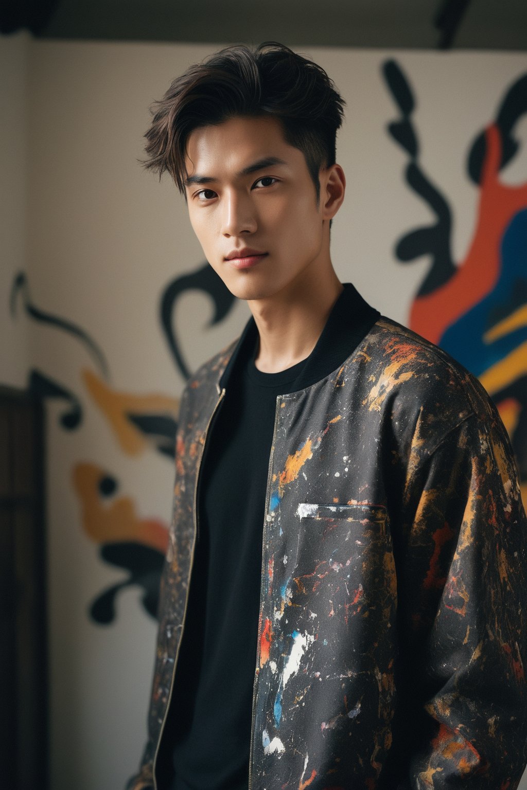 Hasselblad photo portrait of a handsome and mysterious Tokyo young male model, wearing urban clothes inspired by Jackson Pollock, creating the most incredible 2018 fashion look possible. The setting is a clear house with colorful paintings, an astonishing lighting ambiance. The man is standing with an intense look, short haircut, with lots of 12k contrast, many original details. The scene is epic, artistic, with light skin and detailed features. He is facing away from the camera, looking back with a big smile, using a Givenchy 100mm portrait lens. The lighting is golden and professionally captured by a natural light photographer.