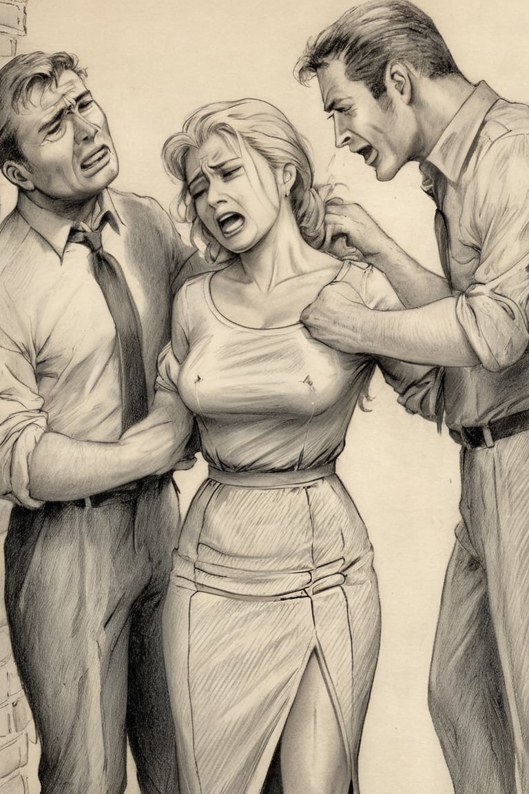 drawing of woman , crying, (((tight shirt))), pencil skirt, being attacked by 2 men in cellar,frenchlineart,