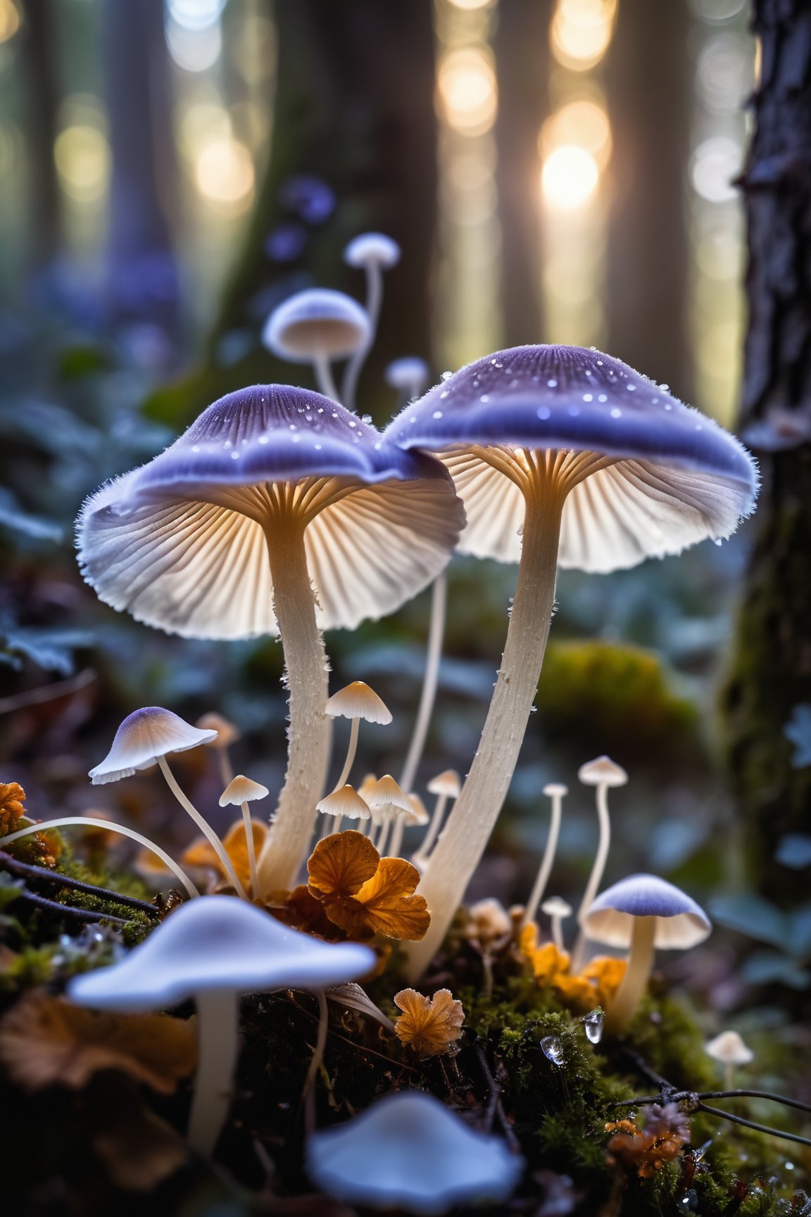Delve into the enchanting microcosm of "Plants and Fungi" as you explore the delicate beauty of Mycena fungi, captured in Recarei, Paredes, Portugal. This macro shot reveals the intricate details of the tiny fungi, showcasing their fragile stems and delicate caps with crystal-clear precision. In the foreground, soft flowers add an extra layer of natural charm, their petals framing the fungi like nature's own artwork. Set against a backdrop of the forest floor, the fungi and flowers stand out in sharp focus, while the surrounding environment melts away into the most exquisite bokeh. Small, twinkling bokeh lights in the background, like tiny orbs of magic, create a dreamlike atmosphere that highlights the ethereal beauty of the scene. This mesmerizing image, shot with a Canon EOS R5 paired with a Canon RF 100mm f/2.8L Macro IS USM lens, captures every fine detail and subtle texture with stunning clarity. Immerse yourself in the hidden wonders of the natural world, where the interplay of light and shadow, combined with the finest bokeh and the charm of foreground flowers, elevates the humble Mycena fungi to a work of art.