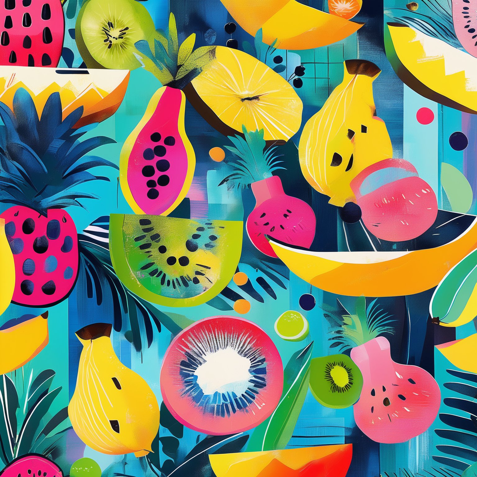 A vibrant and colorful collage of various tropical fruits and elements. Dominating the scene are slices of watermelon, pineapple, and kiwi. There are also abstract representations of bananas, grapes, and leaves. The fruits are depicted in a modern, abstract style with bold brush strokes and a mix of bright and muted colors. The background is a blend of pastel shades, providing a contrast to the bold colors of the fruits.