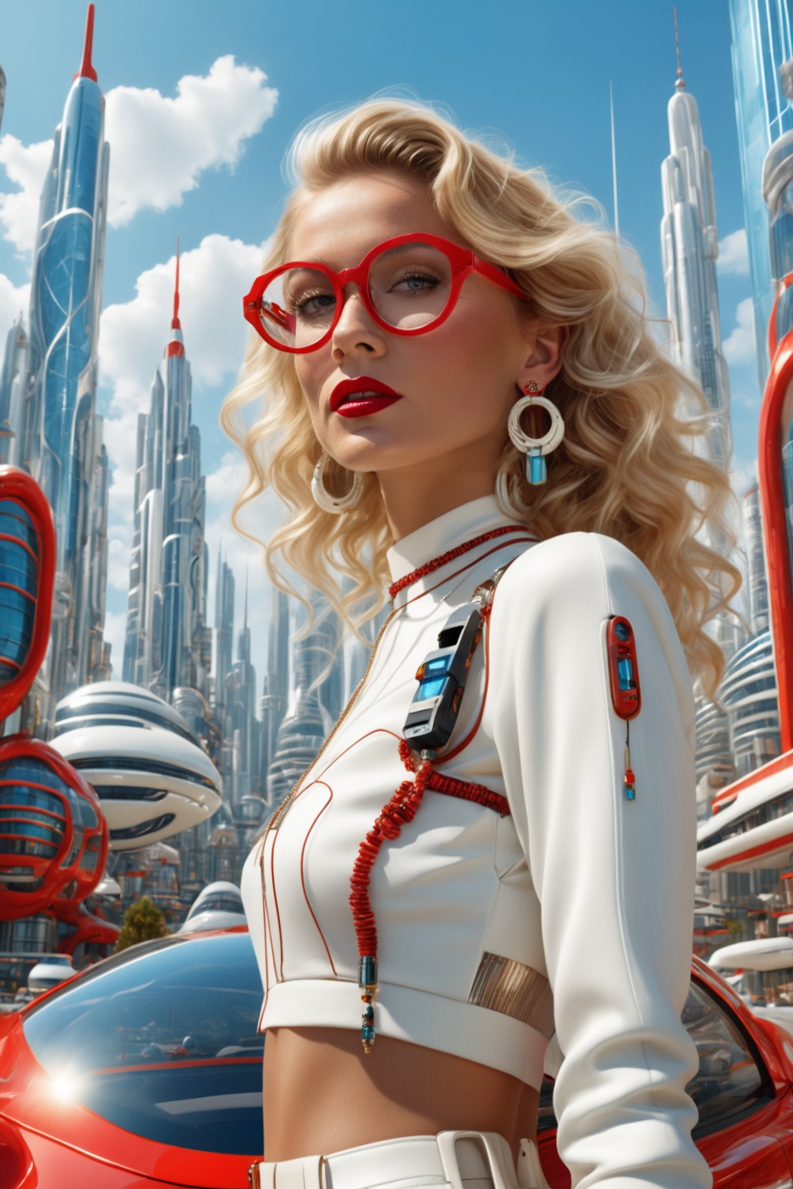 A young woman with wavy blonde hair, wearing round glasses, a white and red outfit, and various accessories like earrings and a choker. She stands in front of a futuristic cityscape with tall buildings, intricate designs, and a clear blue sky. A white car is parked behind her, and the overall ambiance suggests a vibrant and technologically advanced urban setting.