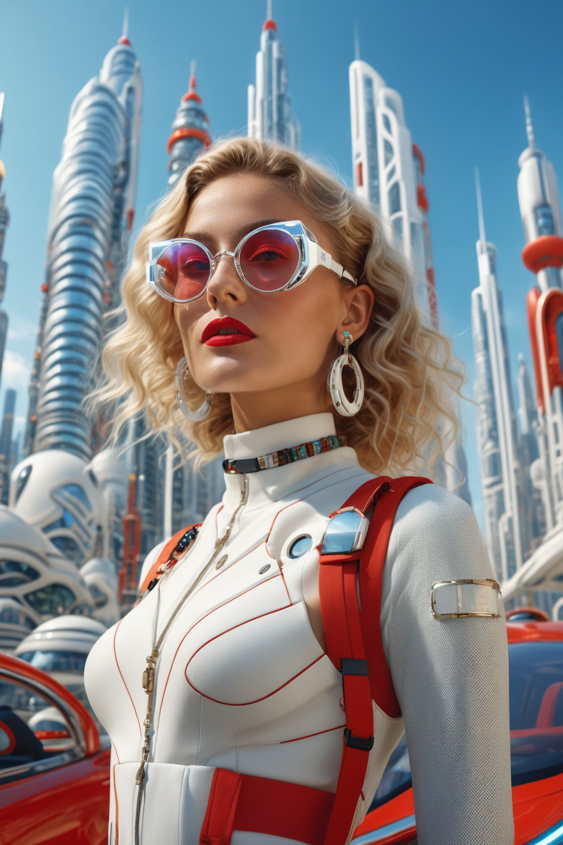 A young woman with wavy blonde hair, wearing round glasses, a white and red outfit, and various accessories like earrings and a choker. She stands in front of a futuristic cityscape with tall buildings, intricate designs, and a clear blue sky. A white car is parked behind her, and the overall ambiance suggests a vibrant and technologically advanced urban setting.