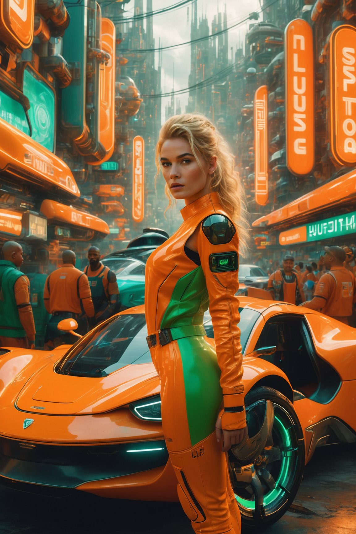 A young woman with blonde hair, standing next to a vibrant orange sports car. She is wearing a futuristic, orange outfit with white accents and a green emblem on her left arm. The backdrop is a bustling urban setting with neon signs, various vehicles, and a dense crowd of people. The atmosphere seems to be that of a cyberpunk city, with a mix of traditional and futuristic elements.